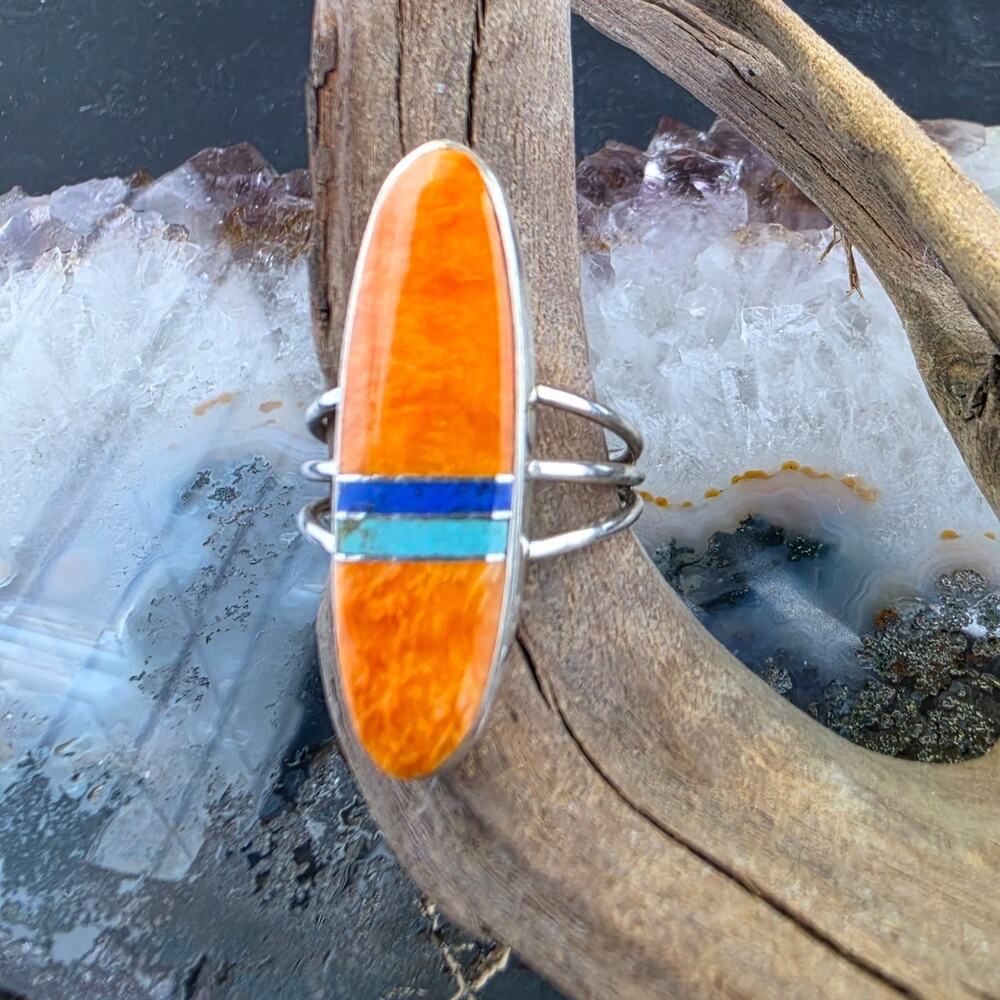 NAVAJO Sterling Ring by H Smith - Spiney Oyster, Lapis, Turquoise inlay!  8.5